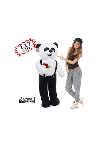 117 Cm Elinde Çiçek Tutan Tulumlu Peluş Panda Siyah 117 Cm Elinde Çiçek Tutan Tulumlu Peluş Panda Siyah