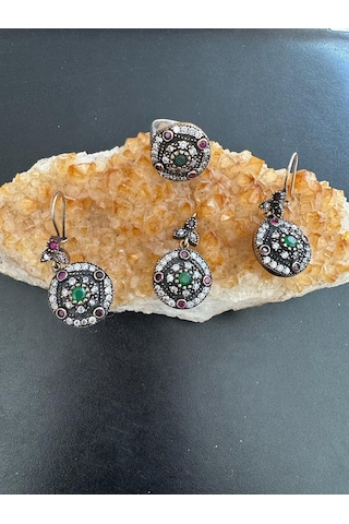 Aysesa Yakut Zümrüt Zirkon Bakır Görünümlü Kadın Gümüş Set