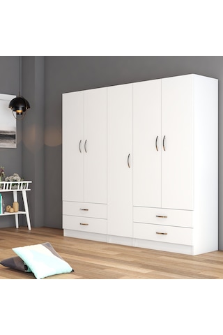 tanmob 5 Kapılı Dört Çekmeceli Geniş Gardrop Beyaz- Grd0701