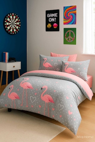 Flamingo Desenli Pamuklu Tek Kişilik Nevresim Takımı Renkli