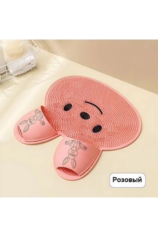 Folinda Pembe Tavşan Desenli Silikon Banyo Paspası - 0.43x0.42m Kayma Önleyici Banyo Altı Döşeme Pembe