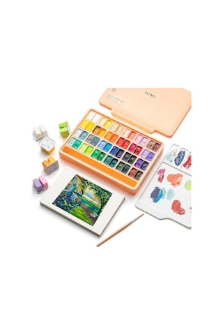 Hımı Twin Cup Gouache Set 48 Renk X 12 Gr Guaj Boya + 3 Fırça Peach Fuzz Case Karışık Renkli