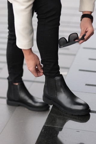 Shoetyle - Siyah Hakiki Deri Erkek Chelsea Bot-719-siyah Siyah