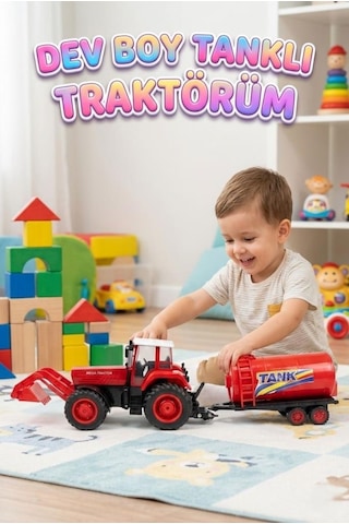 Dev Boy Sürtmeli Ve Sökülebilir Tankerli Oyuncak Traktör 80 Cm Eğitici Çocuk Oyuncağı