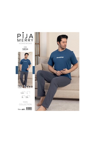 Pijamerry Erkek Bisiklet Yaka Kısa Kol Penye Pijama Takımı 5834 - 1 Adet Mavi