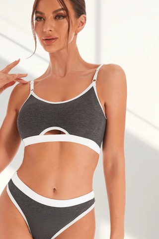 Ang Butik Kadın Gri Antrasit Kaşkorse Ve Beyaz Lastikli Cut-out Tanga Külotlu Takım Antrasit Gri