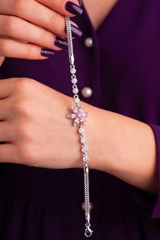 925 Ayar Gümüş Rodyumlu Pembe Kuvars Taşlı Lotus Çiçeği Bileklik St434