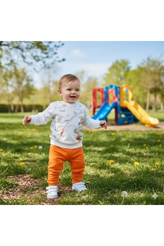 Erkek Bebek Ayıcık Baskılı Alt Üst İkili Gündelik Takım Turuncu