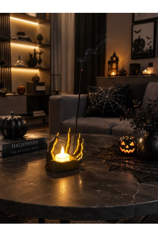 Halloween Temalı El Figürlü Mumluk Ve Tütsülük Pilli Mum Uyumlu Halloween Temalı Ev Dekorasyonu Objesi