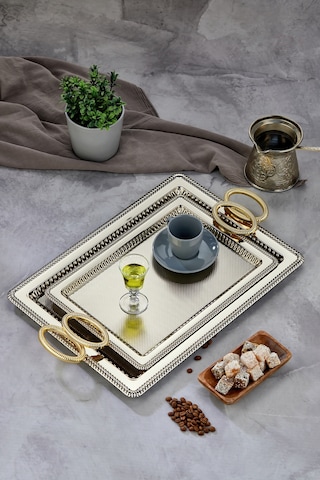Cooker 2'li Metal Dikdörtgen Sunum Tepsisi 50x32 Cm Ve 44x25 Cm Gümüş