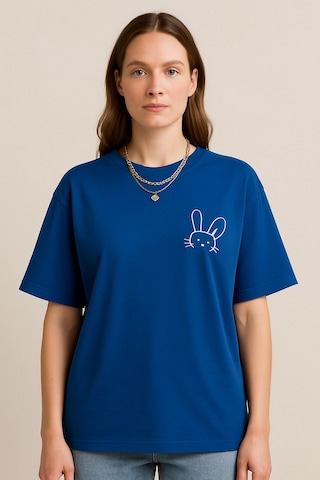 Kadın Tavşan Baskılı Oversize Mavi T-shirt Mavi-283434