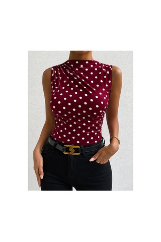 Wild Flower Puantiye Desenli Bisiklet Yaka Drapeli Esnek Kumaş Kadın Bluz Bordo
