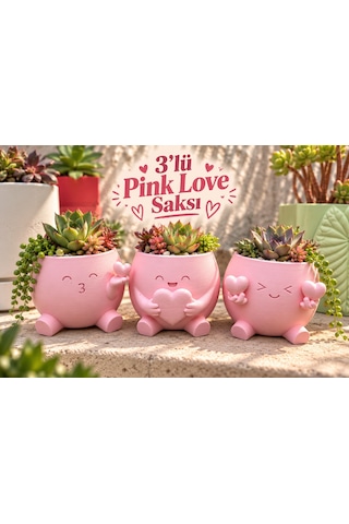 3'lü Kalp Detaylı Pembe Dekoratif Saksı Seti 3'lü Kalp Detaylı Pembe Dekoratif Saksı Seti