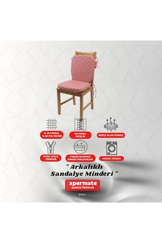 Pötikare Sırtlıklı Sandalye Minderi 42x42 Fermuarlı Yıkanabilir Kılıf Bağcıklı Minder Standart Fit Kırmızı