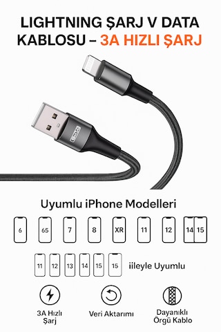 Apple Uyumlu iPhone 1 Metre Lightning Hızlı Şarj Ve Veri Aktarım Kablosu 3a Güçlü Akım Naylon Örgü Dayanıklı Tasarım