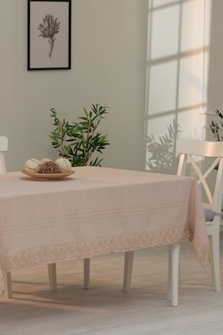 Tropik Home Dantelli Keten Efektli Leke Tutmaz Lüks Masa Örtüsü 160x220 Cm Bej Genel