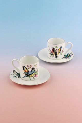 Renkli Kuşlar Altın Yaldızlı İki Kişilik Kahve Fincan Takımı Beyaz