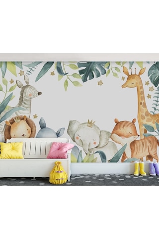 Sevimli Hayvanlar Tropikal Yapraklar Çocuk Odası Duvar Kağıdı
