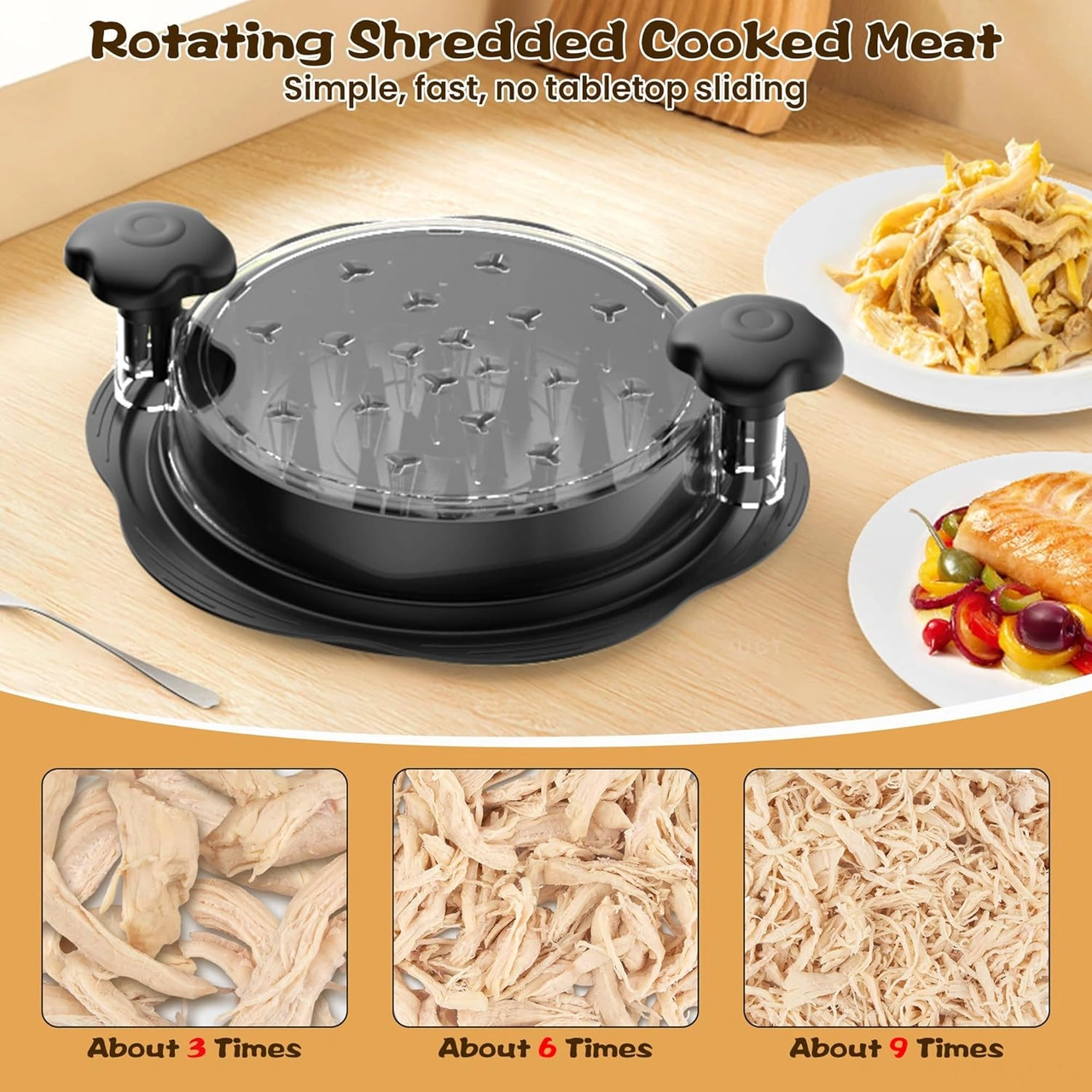 Kosona Kahverengi Tavuk Dilimleyici, Cam Kapağı, Ergonomik Saplı, Taze Et Kesici Aleti, Paslanmaz Çatal Ve Nilon Fırça İle Tam Set Siyah