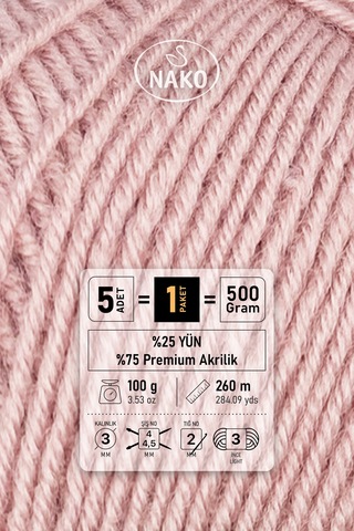 Süper İnci - 10275 Pembemsi Pudra - 5'li Paket - 100gr/260m - El Örgü İpi - Atkı Yelek Kazak İpi