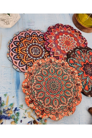 Renkli Desenli Nihale Ahşap Çaydanlık Tencere Tava Altlığ 4lü Set