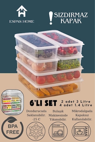 6'lı Sızdırmaz Freshbox Saklama Kabı Mikrodalga Ve Buzdolabı Uyumlu / 2x3000 Ml - 4x1400 Ml Şeffaf