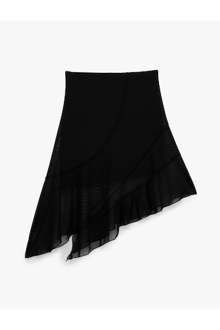 Koton Asimetrik Slim Fit Tül Detaylı Midi Etek Siyah 6sal70075ık