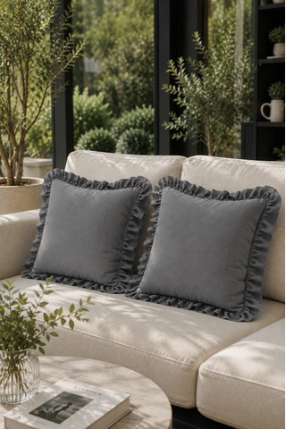 2 Li Antrasit Fırfırlı Dekoratif Kırlent Kılıfı %100 Pamuk 45x45 Cm