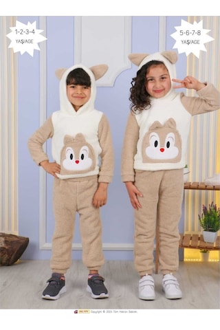 Aden Kids Peluş Çoçuk Alt Üst Takım Beyaz - Kahverengi