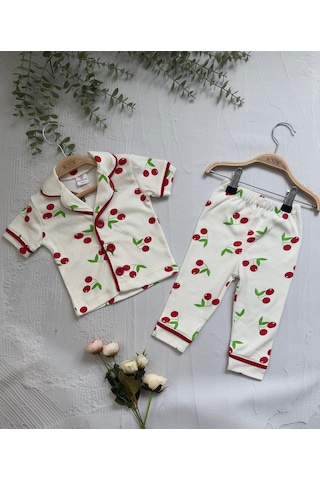 Kiraz Baskılı Yazlık Pijama Takımı -1164 Beyaz