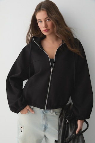 ETHIQUET VA IT Kadın Çift Cepli Eteği Ve Kol Ucu astikli Fermuarlı Oversize Siyah Sweatshirt