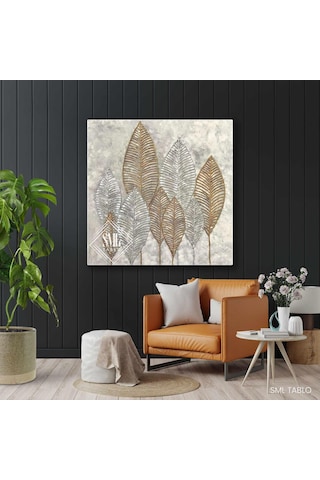 Gümüş Ve Altın Yapraklar Kare Kanvas Tablo 100x100 Cm