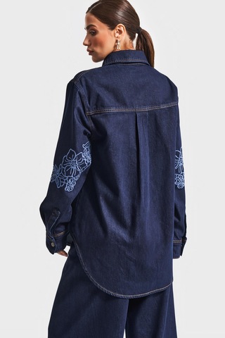 Kadın İndigo Mavi Renk 7w5-50 Oversize Çiçek Nakışlı Özel Tasarım Denim Gömlek Ceket