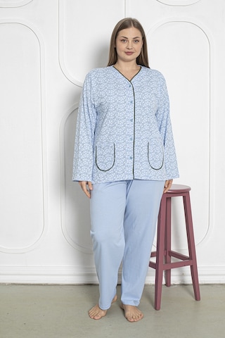 %100 Pamuklu Uzun Kollu Boydan Düğmeli Büyük Beden Kadın Pijama Takımı 206 Mavi