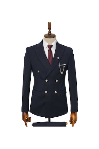Beystil Sivri Yaka Lacivert Kruvaze Takım Elbise Nikol036 - Slim Fit Lacivert