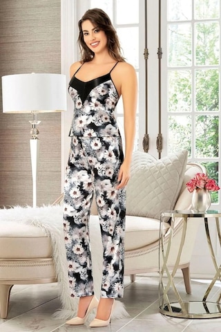 Faal 4910 Kadın Saten Sabahlıklı İp Askılı Pijama Takım-siyah Siyah