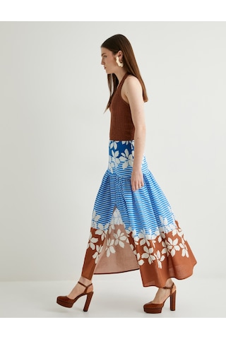 Koton Floral Midi Balon Etek A Kesim Çok Renkli Pamuklu Astarlı Mavi Desenli 4sak70092ew Mavi Desenli Mavi