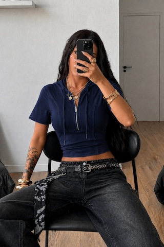 Tarz Cool Kapüşonlu Crop Tişört Fermuarlı Kısa Kollu Kadın Üst Body Lacivert