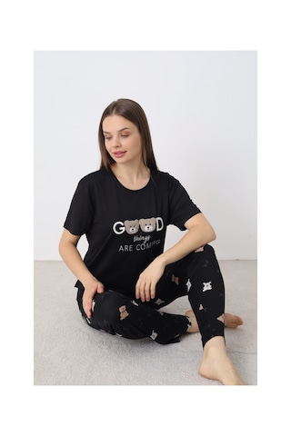 Elitol Nakışlı Milan Örme Kısa Kol Kadın Pijama Takımı Desenli-5