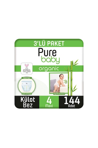Pure Baby Organik Bambu Özlü Külot Bez 3'lü Paket 4 Numara Maxi 144 Adet 3'lü