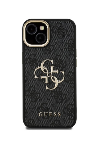Apple Uyumlu iPhone 15 Kılıf Guess Lisanslı Metal 4g Ve Yazı Logolu Kamera Standlı Kapak Siyah