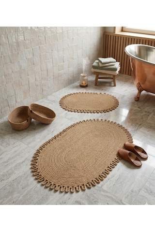 Senza Atelier Bohem Lüks Hasır Banyo Seti - Jüt Örgü Kaymaz Paspas Ve Saklama Sepeti - 4 Parça Banyo Aksesuar Seti Jüt Hasır