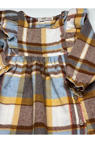 Kareli Fırfırlı 9-12 Ay Kız Bebek Dokuma Elbise Kahverengi