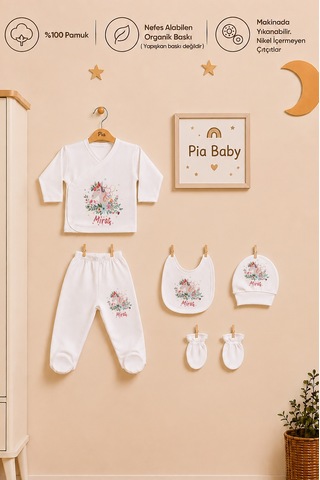 Pia Baby Kişiye Özel %100 Pamuk 5 Parça Kız Bebek Zıbın Seti 2076z0x Krem