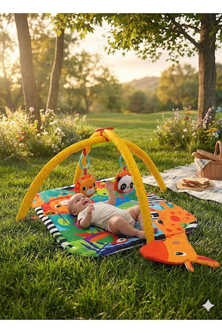 Jungle Play Halısı Bebek Aktivite Halısı Oyuncaklı Oyun Halısı Minderi Turuncu