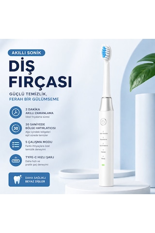 Akıllı Sonik Diş Fırçası 15000 Titreşim/dk 5 Mod Type-c Şarj Ipx7 Su Geçirmez Şarjlı Elektrikli Diş Fırçası