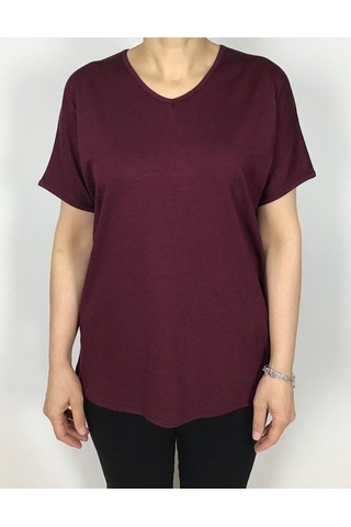 Kısa Kol V Yaka Likralı Düz Penye Bluz Bordo