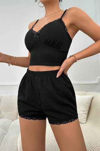 Moda Dua Kadın Siyah Alt Ve Üst Dantel Detaylı Fiyonklu Şortlu Gecelik Takımı