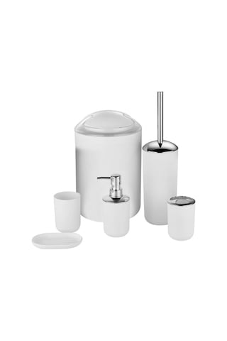 Lemestar Beyaz Pp Plastik Banyo Aksesuar Seti Sabun Spreyi, Fırça Tutucu, Tuvalet Fırçası, Çöp Kutusu, Bardak, Sabun Tablası 6 Parça Beyaz