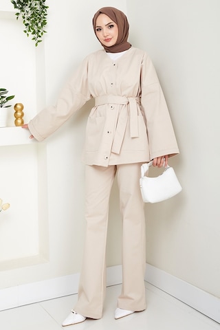 Bestenur Kemerli Ceket Pantolon Gabardin Takım 1557 - Bej Bej